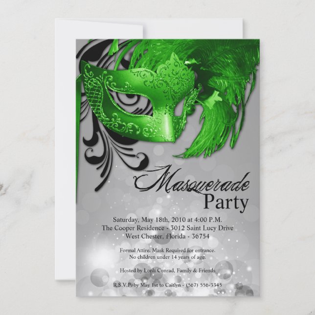 5x7 Green Masquerade Sweet 16 Birthday Invitation (Front)