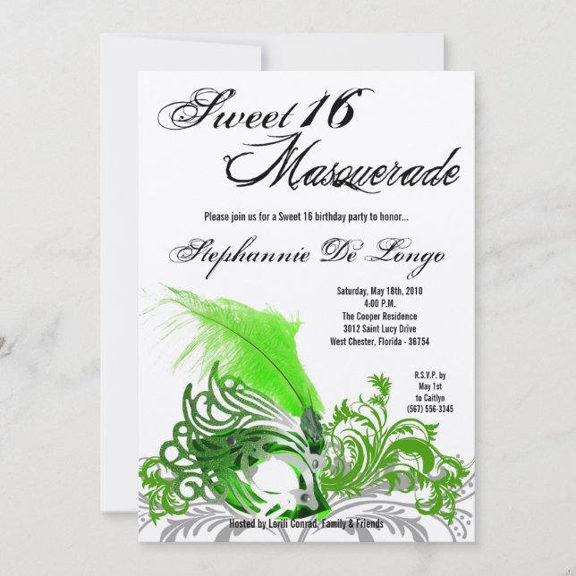 5x7 Green Masquerade Sweet 16 Birthday Invitation (Front)
