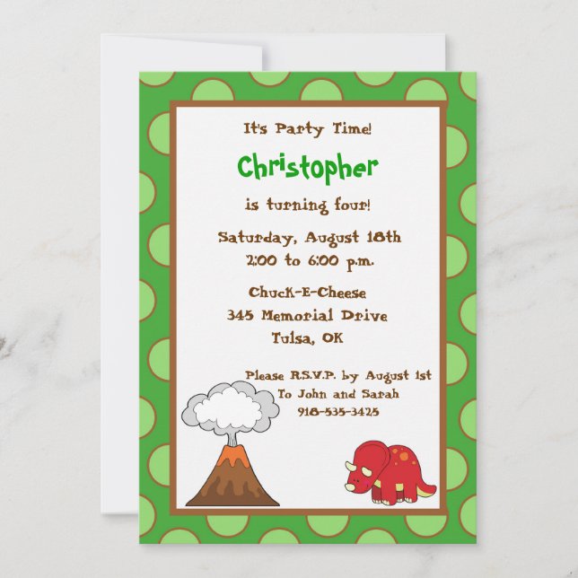 5x7 Green Polkadot Dinosaur Birthday Invite (Front)