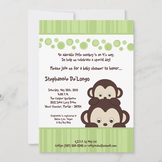5x7 Green Pop Monkey Neutra Baby Shower Invitation (Front)