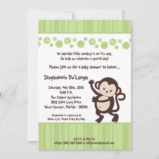 5x7 Green Pop Monkey Neutra Baby Shower Invitation (Front)