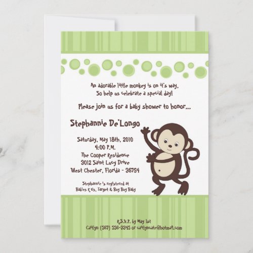 5x7 Green Pop Monkey Neutra Baby Shower Invitation