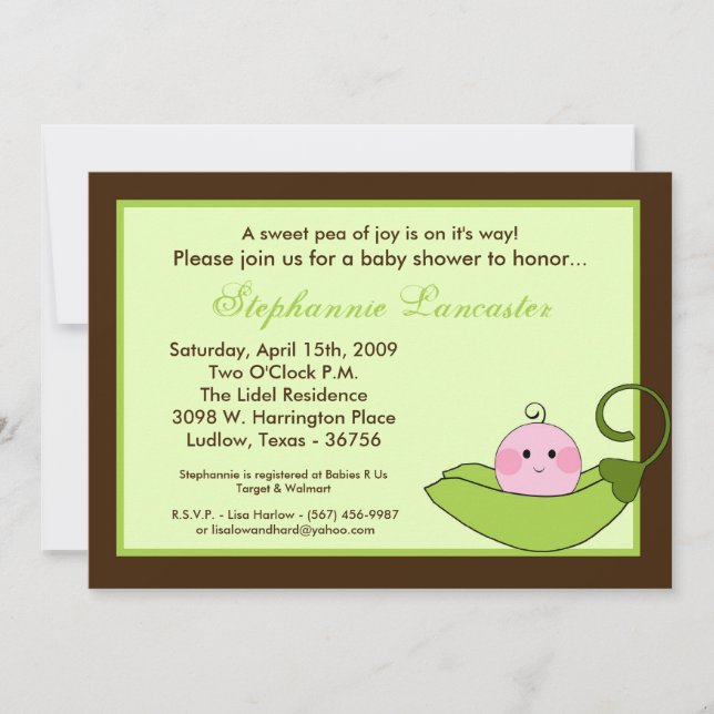 5x7 Green Sweet Pea in Pod Baby Shower Invitation (Front)