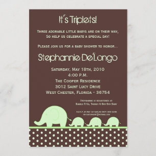 5x7 Green Triplets Elephant Baby Shower Invitation