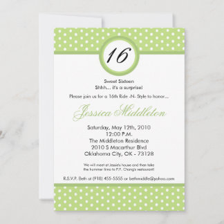 5x7 Green White Polka Dot 16th Birthday Invitation