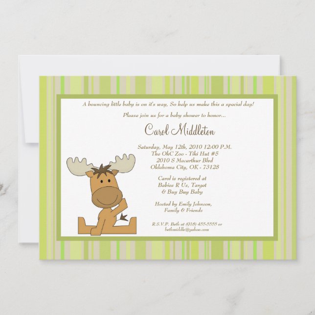 5x7 Green Woodland Moose Baby Shower Invitation (Front)