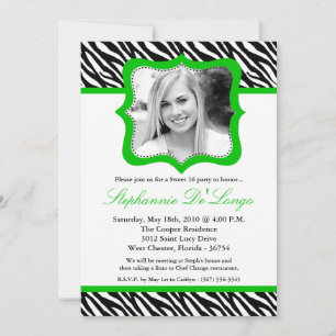 5x7 Green Zebra PHOTO Sweet 16 Birthday Invitation