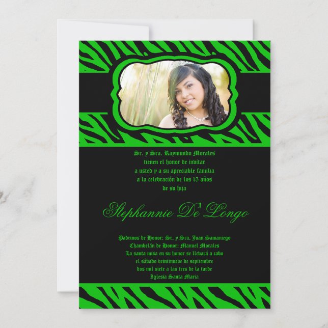 5x7 Green Zebra Print Quinceanera Invitation (Front)