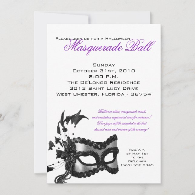 5x7 Halloween Masquerade Ball Mask Invitation (Front)
