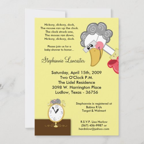 5x7 Hickory Dickory Nursery Baby Shower Invitation