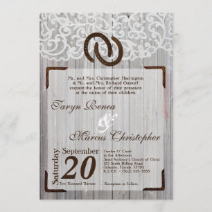 5x7 Horse Shoes on Wood Lace Wedding Invitation