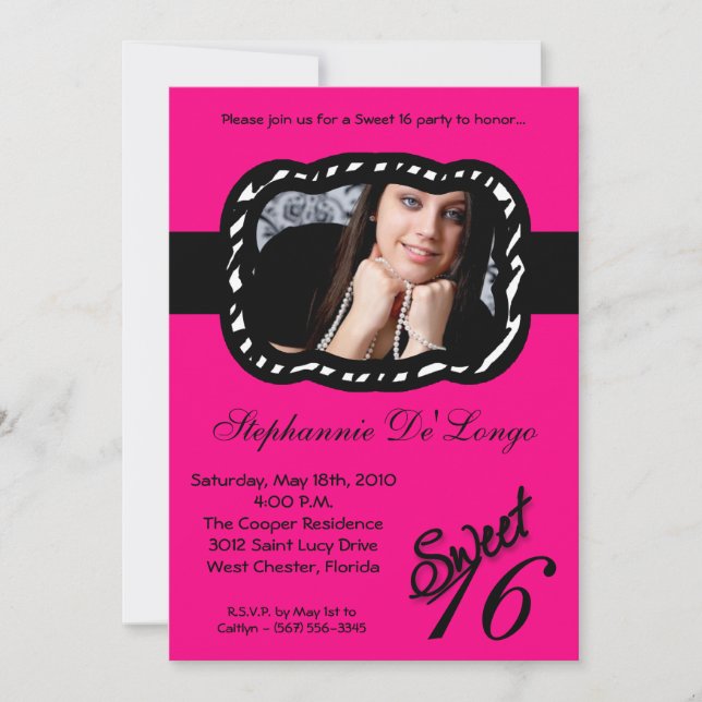 5x7 Hot Pink Band PHOTO Sweet 16 Birthday Invite (Front)
