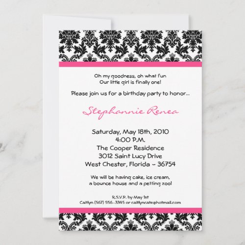 5x7 Hot Pink Blac Damask Birthday Party Invitation