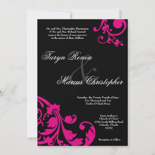 5x7 Hot Pink Black Floral Linen Wedding Invitation