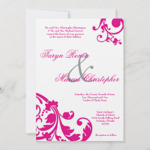 5x7 Hot Pink Black Floral Linen Wedding Invitation