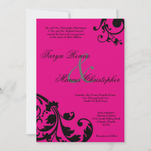 5x7 Hot Pink Black Floral Linen Wedding Invitation
