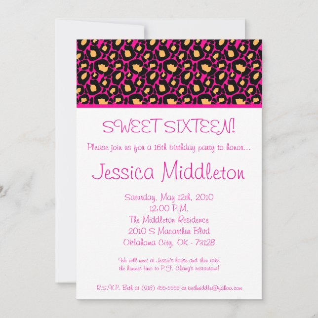 5x7 Hot Pink Cheetah 16th Birthday Invitation (Front)