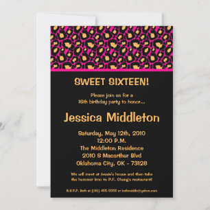 5x7 Hot Pink Cheetah 16th Birthday Invitation