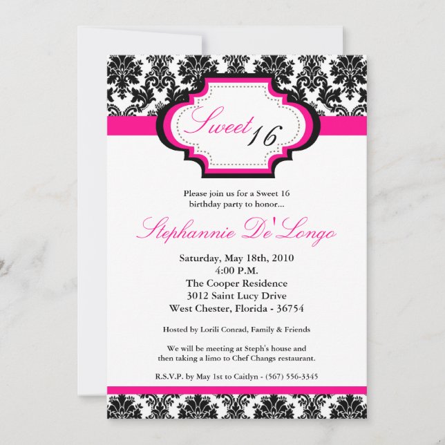 5x7 Hot Pink Damask Sweet 16 Birthday Invitation (Front)