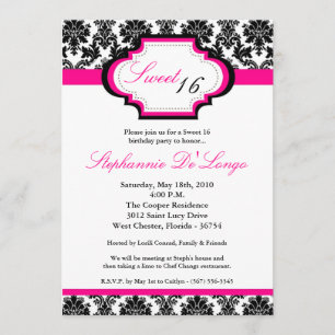 5x7 Hot Pink Damask Sweet 16 Birthday Invitation