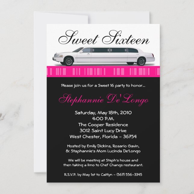 5x7 Hot Pink Limo Sweet 16 Birthday Invitation (Front)