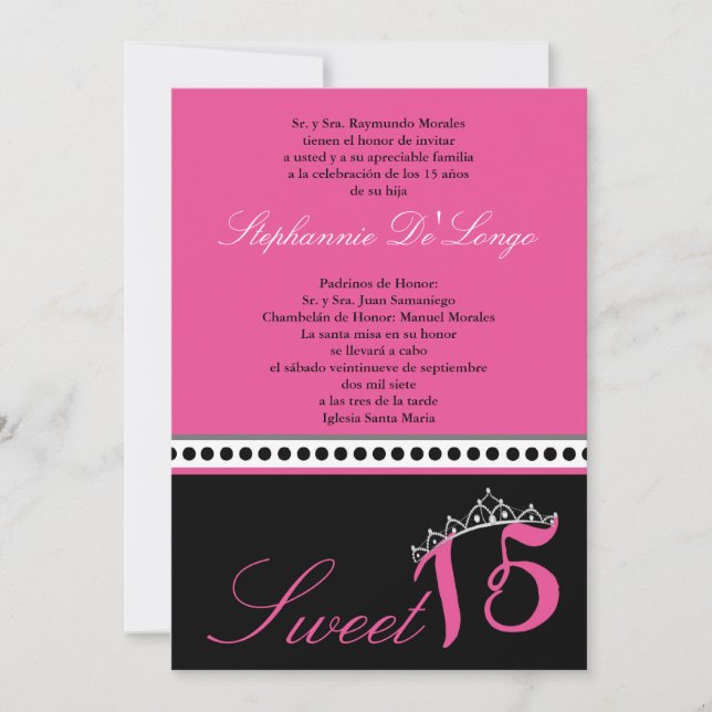 5x7 Hot Pink Tiara Quinceanera Party Invitation (Front)