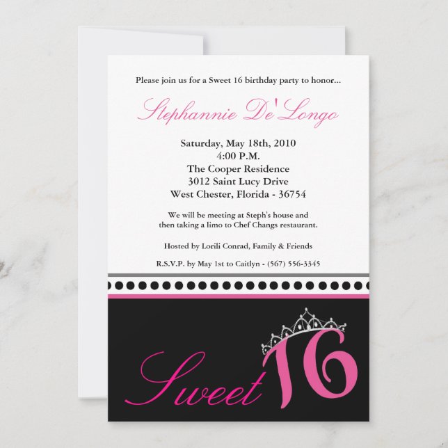 5x7 Hot Pink Tiara Sweet 16 Birthday Invitation (Front)