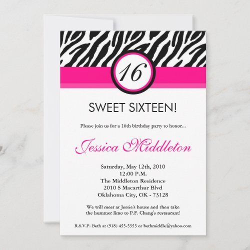 5x7 Hot Pink Zebra16th Birthday Invitation