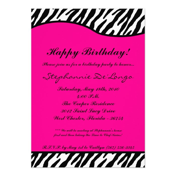 5x7 Hot Pink Zebra Birthday Party Invitation