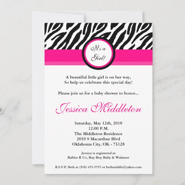 5x7 Hot Pink Zebra Print Baby Shower Invitation (Front)