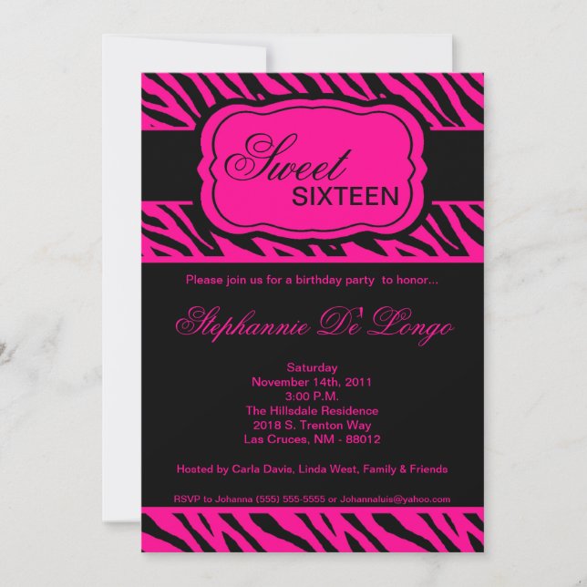 5x7 Hot Pink Zebra Print Birthday Party Invitation (Front)