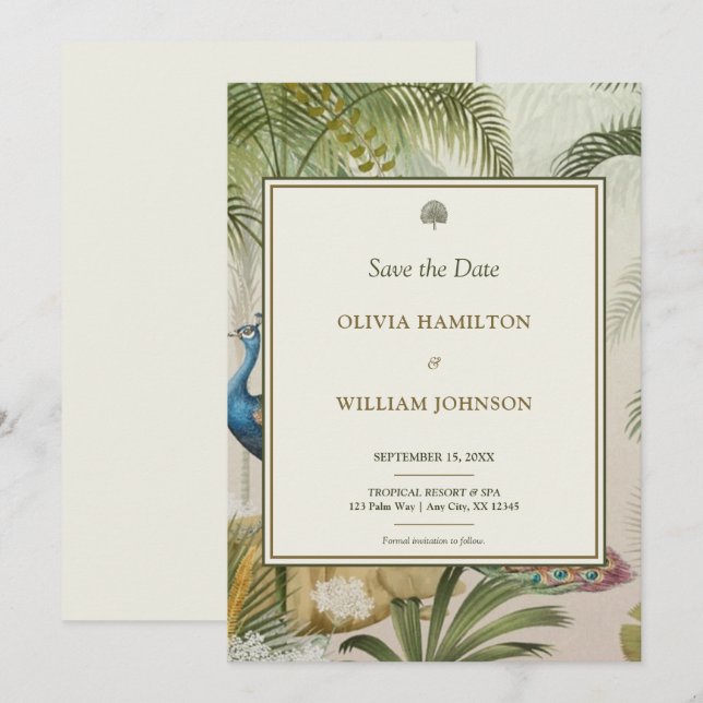 5x7 Ivory Tropical Peacock Palm Wedding  Save The Date (Front/Back)