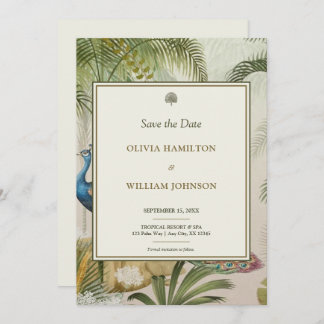 5x7 Ivory Tropical Peacock Palm Wedding Save The Date