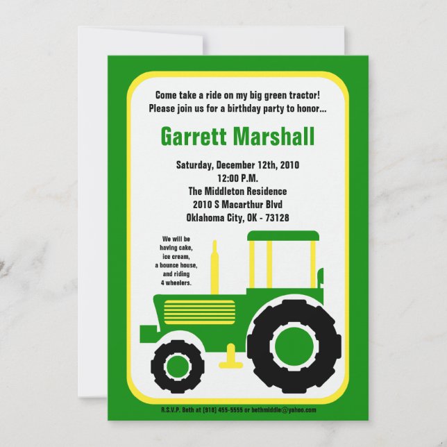 5x7 John Green Farm Tractor Birthday Invitation (Front)