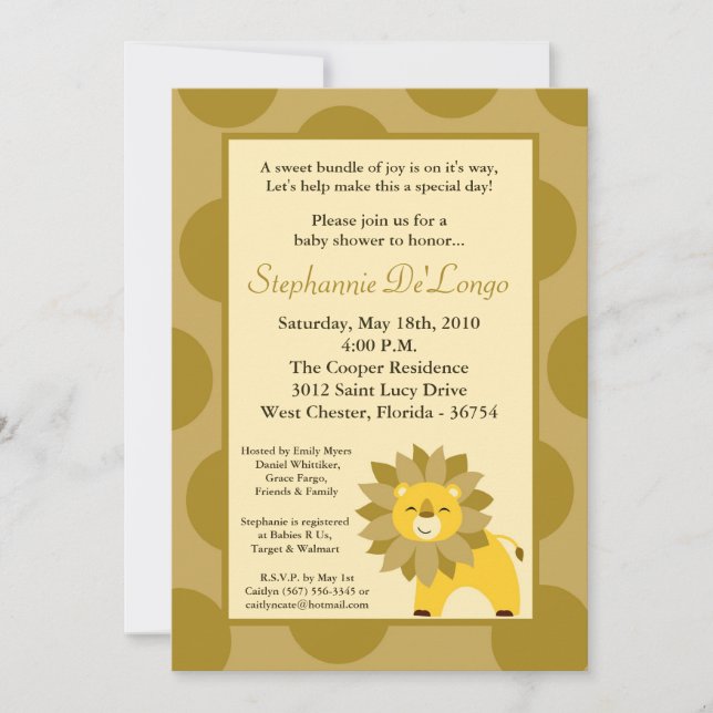 5x7 Jungle King Lion Safari Baby Shower Invitation (Front)