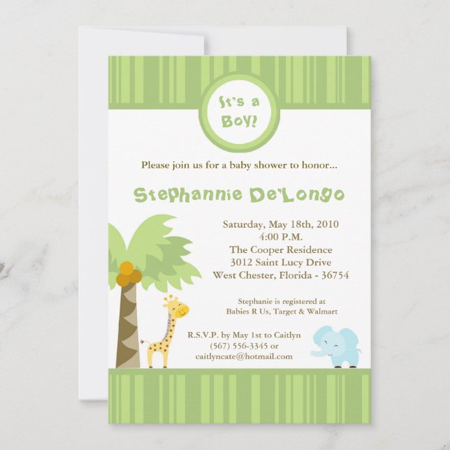 5x7 Jungle Safari Animal Baby Shower Invitation (Front)