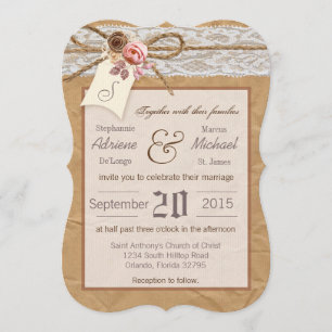 5x7 Kraft Paper Lace Twine Bow Wedding Invitation