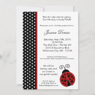 5x7 Lady Bug Black Polka Birthday Party Invitation