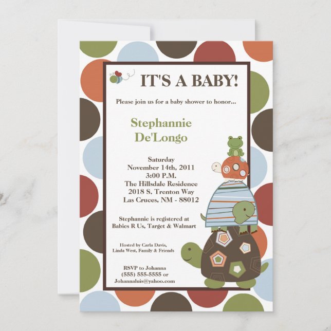 5x7 Laguna Turtle Frog Bee Baby Shower Invitation (Front)
