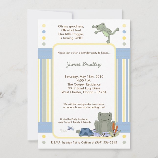 5x7 Leap Frog Turtle Bee Birthday Party Invitation (Front)