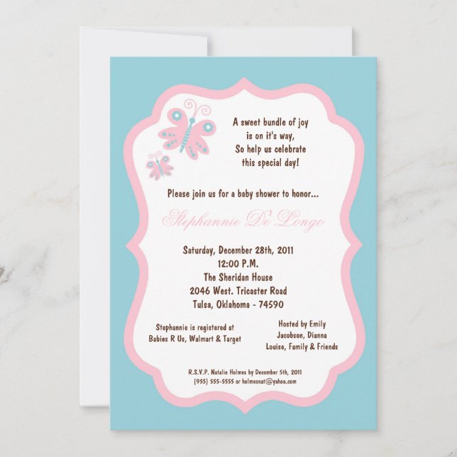 5x7 Light Blue Butterfly Baby Shower Invitation (Front)