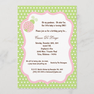 5x7 Light Green Lady Bug Birthday Party Invite