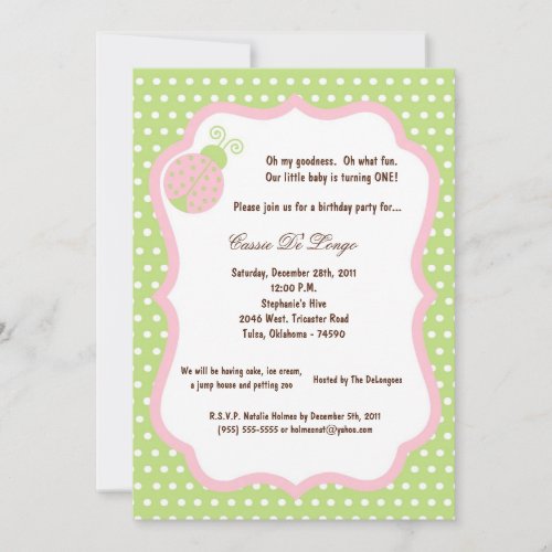 5x7 Light Green Lady Bug Birthday Party Invite