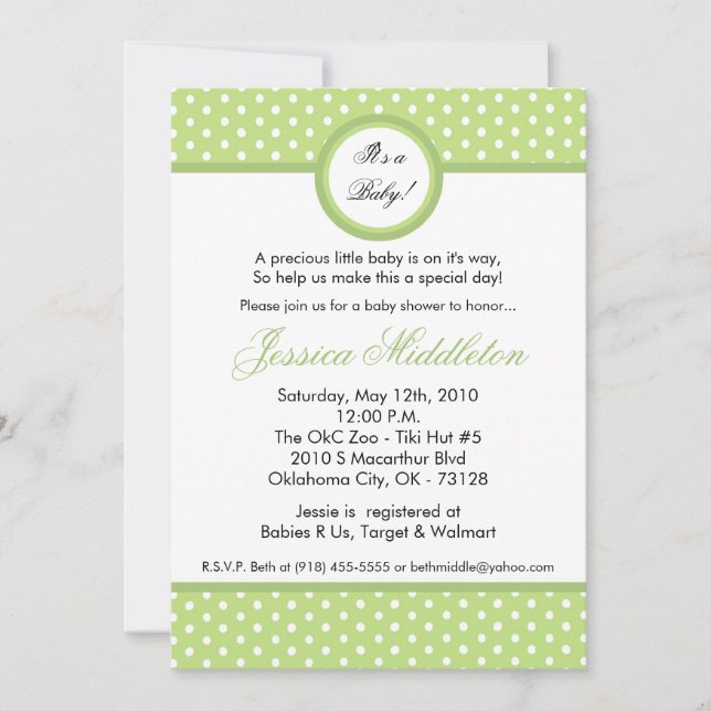 5x7 Light Green Polka Dot Baby Shower Invitation (Front)