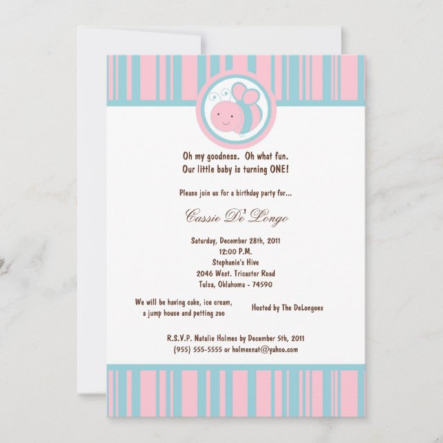 5x7 Light Pink Bumble Bee Birthday Party Invite (Front)