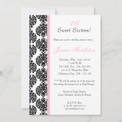 5x7 Light Pink Damask Birthday Party Invitation
