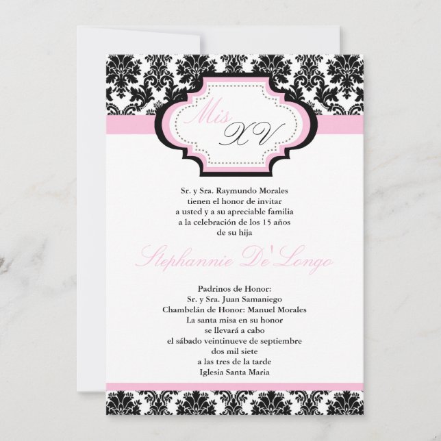 5x7 Light Pink Damask Quinceanera Invitation (Front)