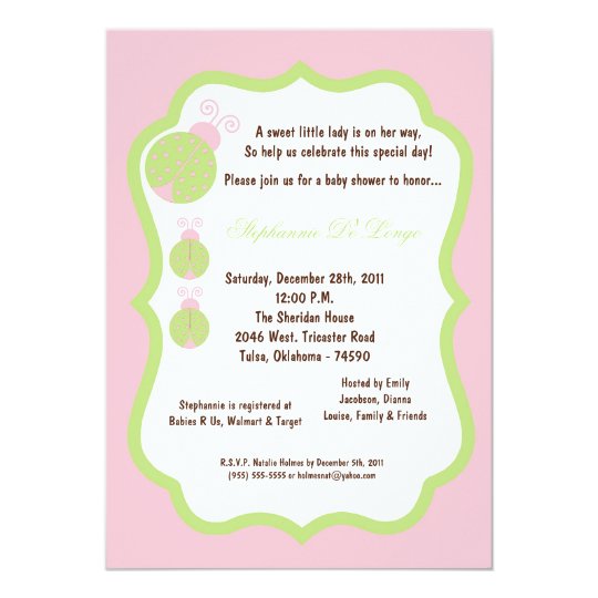 5x7 Light Pink Lady Bug Baby Shower Card