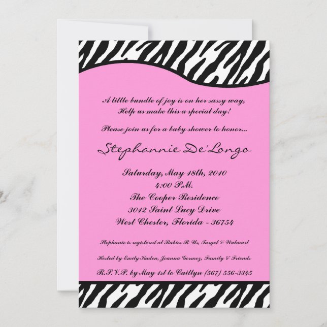 5x7 Light Pink Zebra Print Baby Shower Invitation (Front)