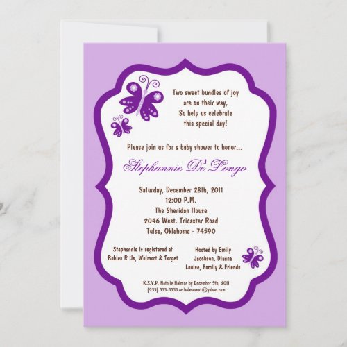 5x7 Light Purple Butterfly Baby Shower Personalized Invites